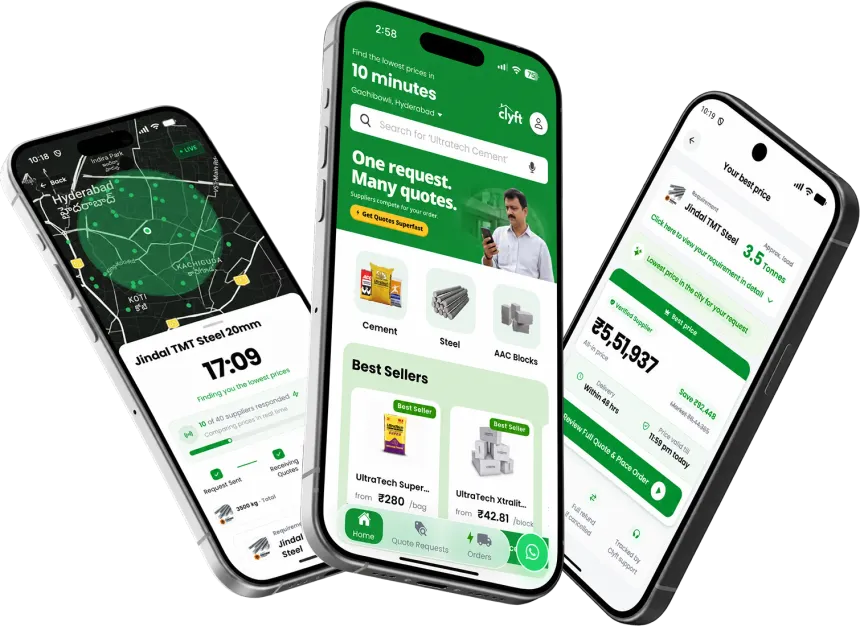 Three Clyft app screens: suppliers responding live on a map, the home screen, and the best price for a steel order
