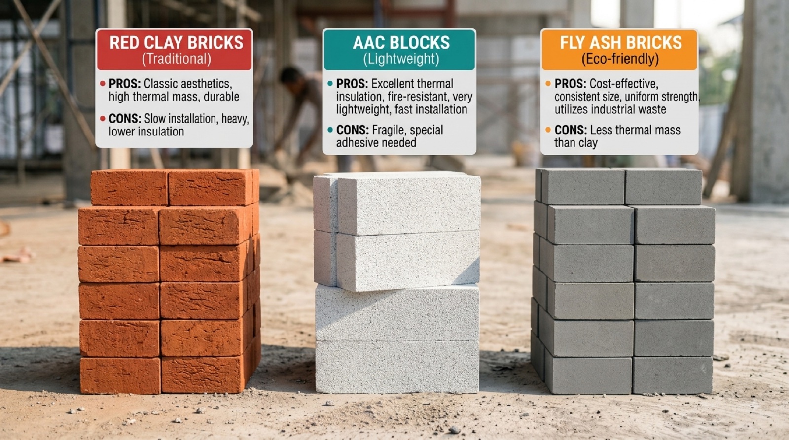 Red clay bricks and AAC blocks side by side, illustrating a walling material buying guide