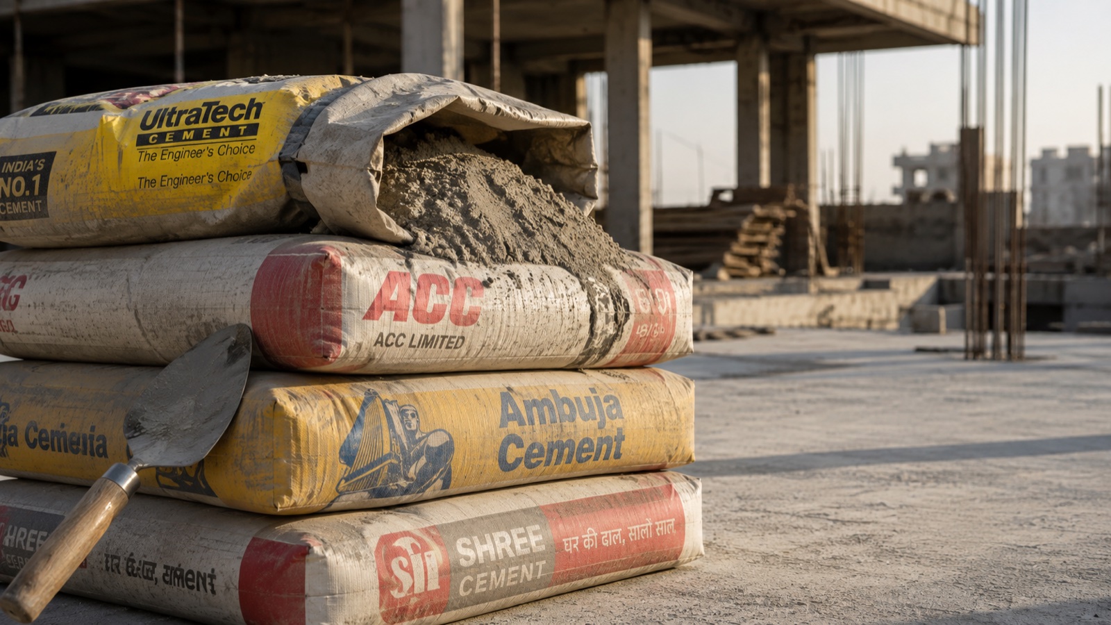 Stacked cement bags on a construction site, illustrating a cement buying guide for India