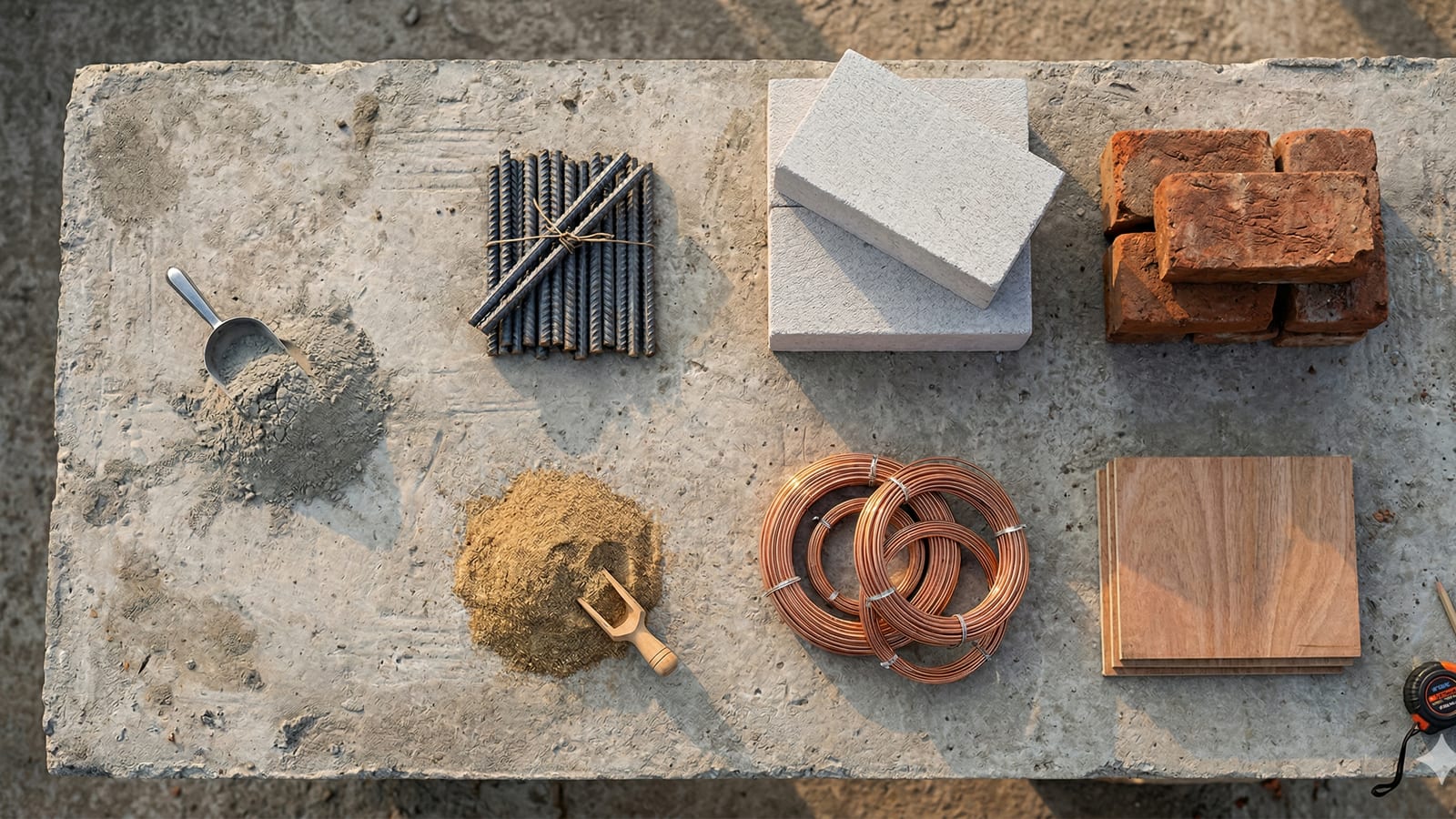 Construction materials including cement, steel and bricks stacked at a house build site