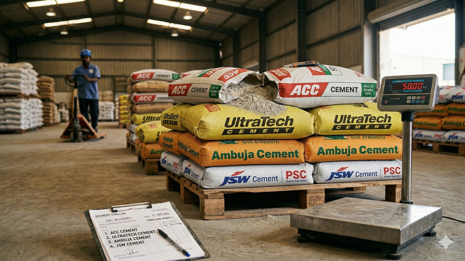 Stacked cement bags at a construction site, used to compare OPC, PPC and PSC cement