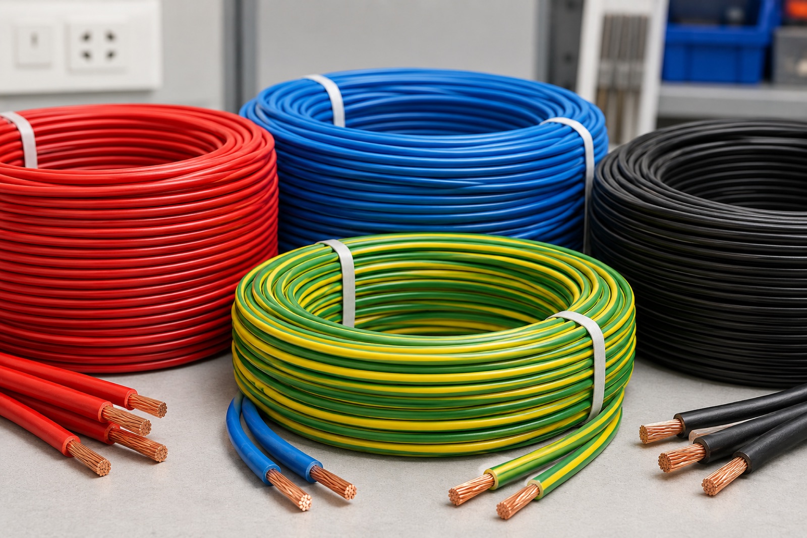 Coils of electrical house wiring cable in different colours, illustrating a wire buying guide